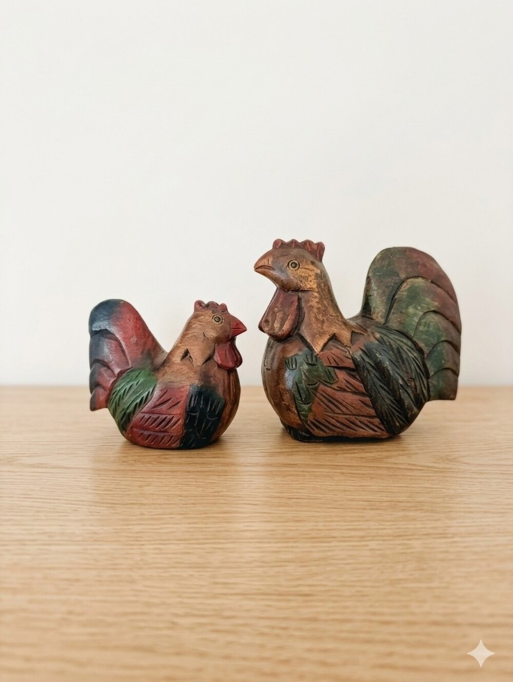 Vintage Hand‑Carved Wooden Rooster & Hen — Rustic Farmhouse Décor
